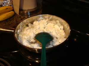 Frying the Onions with the Goat Cheese